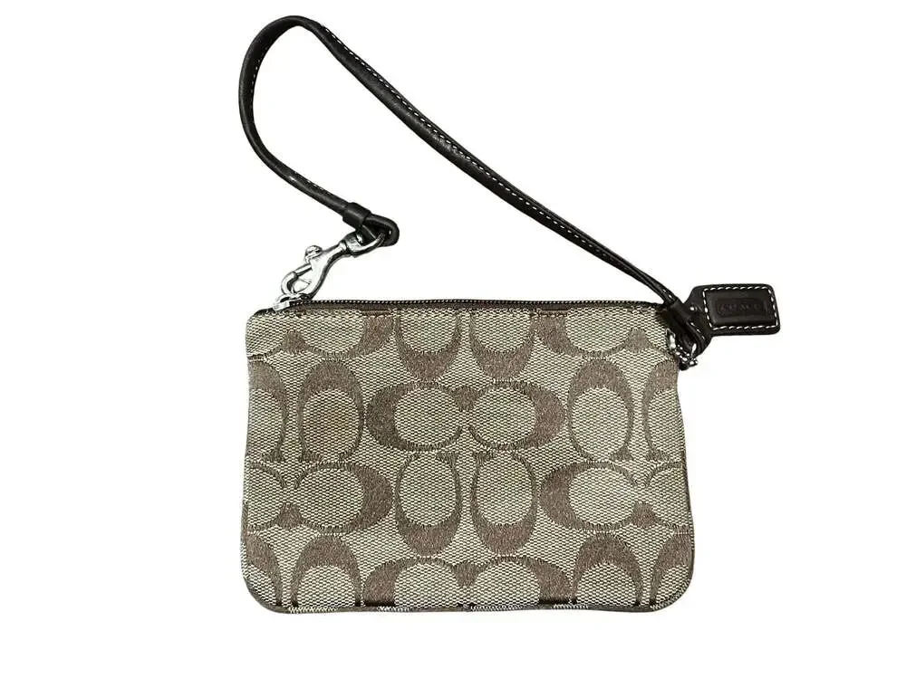 Coach Signature Canvas Monogram Wristlet Pouch with Brown Leather Trim